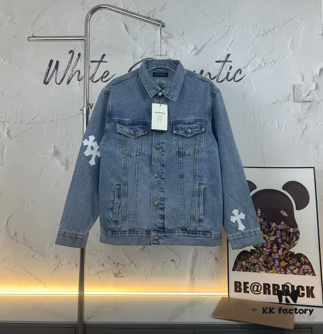 6931a3e3ccd8ab3d7af98244 Chrome Hearts Cross Embroidered Washed Denim Jacket with Sanskrit Design for Couples