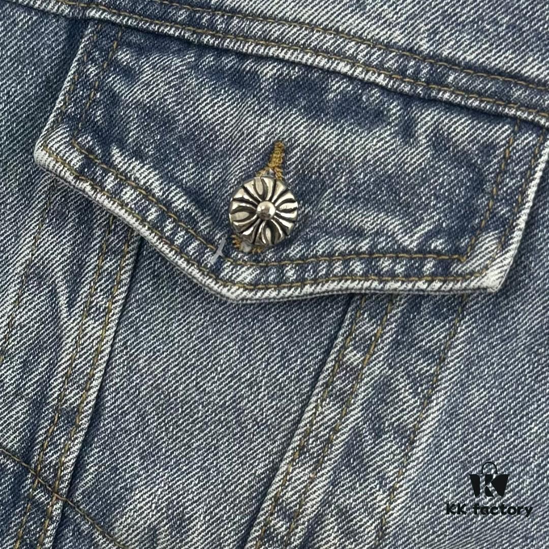 6931a3e3ccd8ab3d7af98247 Chrome Hearts Cross Embroidered Washed Denim Jacket with Sanskrit Design for Couples