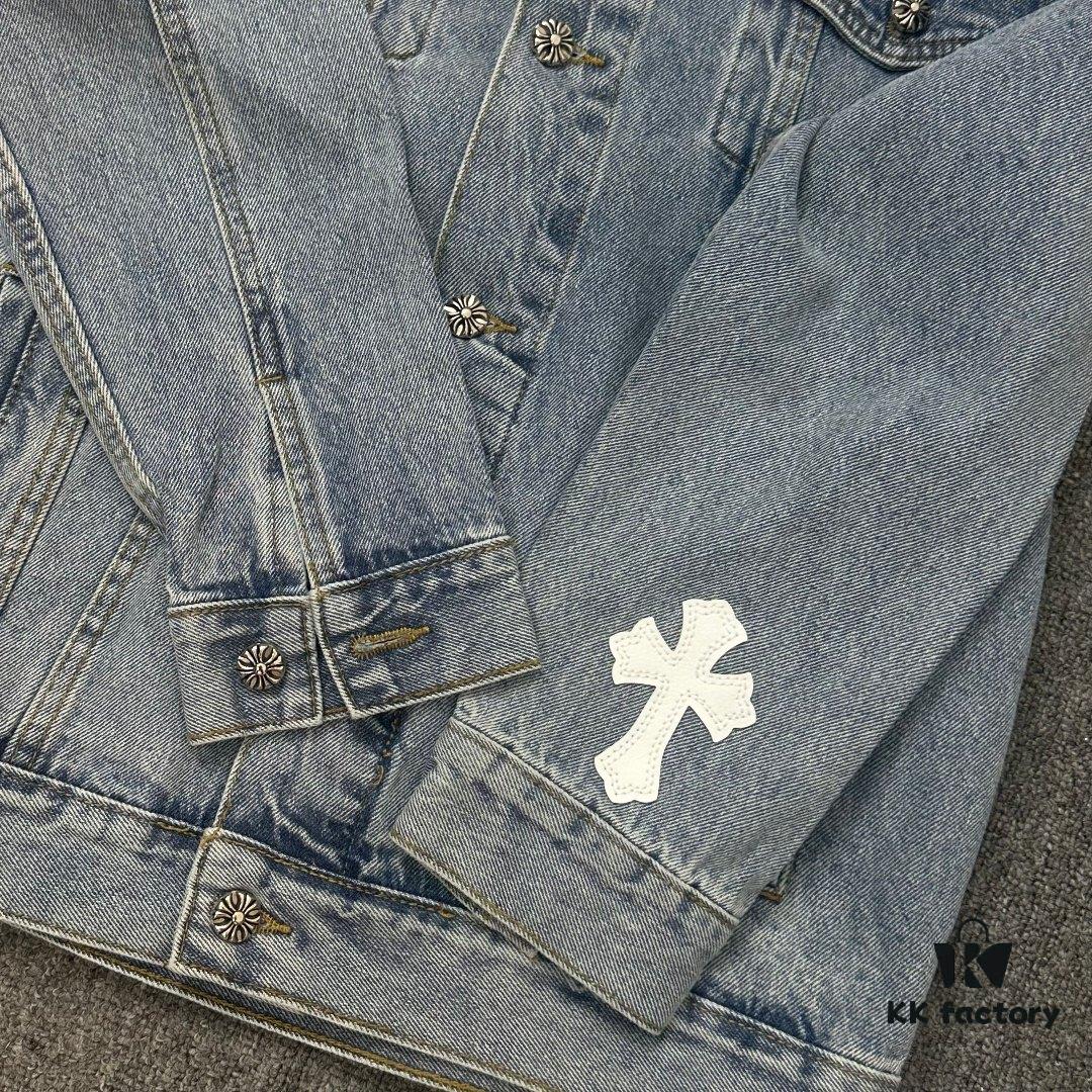 6931a3e3ccd8ab3d7af98248 Chrome Hearts Cross Embroidered Washed Denim Jacket with Sanskrit Design for Couples