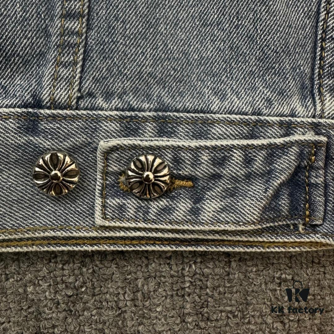 6931a3e3ccd8ab3d7af9824a Chrome Hearts Cross Embroidered Washed Denim Jacket with Sanskrit Design for Couples