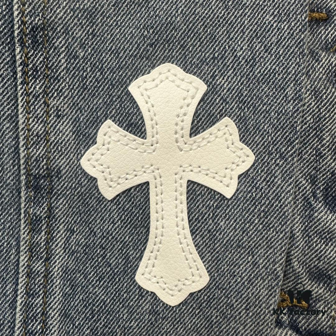 6931a3e3ccd8ab3d7af9824b Chrome Hearts Cross Embroidered Washed Denim Jacket with Sanskrit Design for Couples