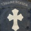 6931a3e3ccd8ab3d7af9824c Chrome Hearts Cross Embroidered Washed Denim Jacket with Sanskrit Design for Couples