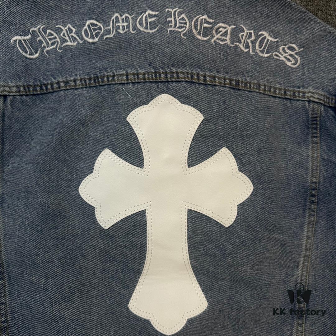 6931a3e3ccd8ab3d7af9824c Chrome Hearts Cross Embroidered Washed Denim Jacket with Sanskrit Design for Couples