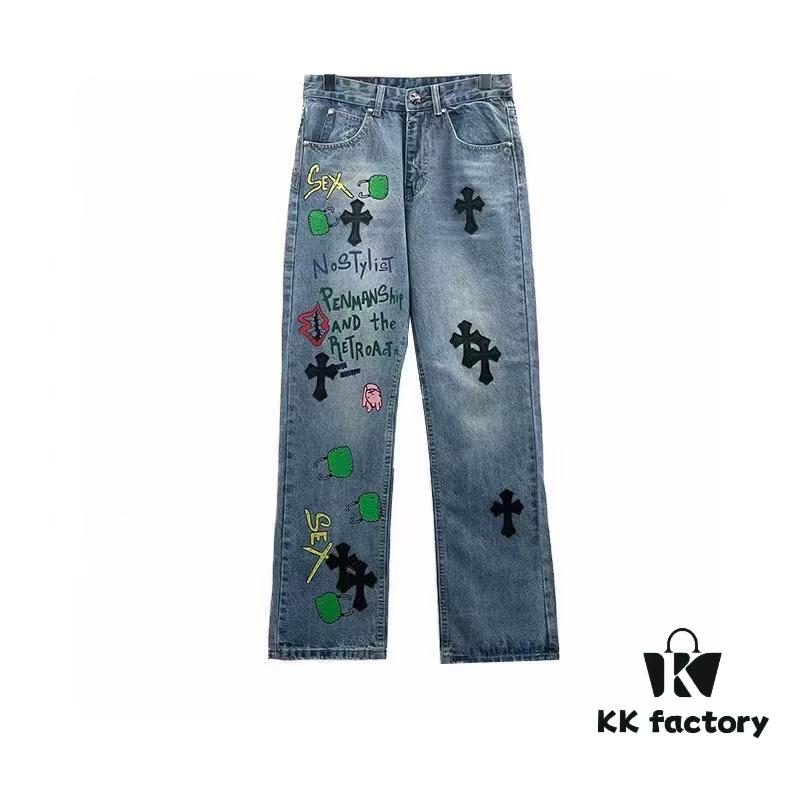 6931a3e4ccd8ab3d7af9824e Chrome Hearts Graffiti Patchwork Monster Denim Jeans with Large Silver Buckle (Top Version)