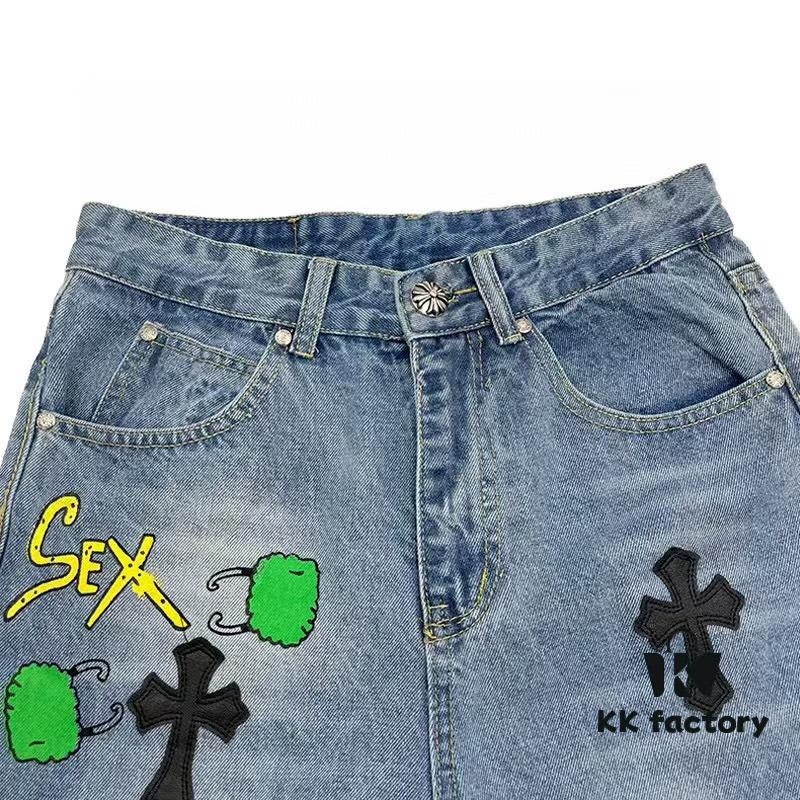 6931a3e4ccd8ab3d7af98250 Chrome Hearts Graffiti Patchwork Monster Denim Jeans with Large Silver Buckle (Top Version)