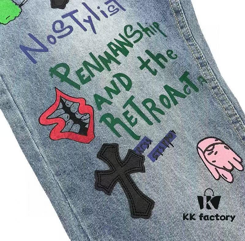 6931a3e4ccd8ab3d7af98252 Chrome Hearts Graffiti Patchwork Monster Denim Jeans with Large Silver Buckle (Top Version)