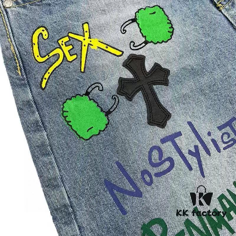 6931a3e4ccd8ab3d7af98254 Chrome Hearts Graffiti Patchwork Monster Denim Jeans with Large Silver Buckle (Top Version)