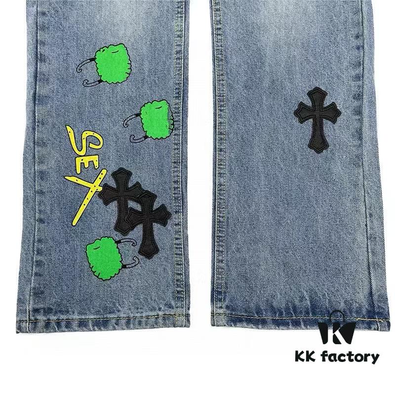 6931a3e4ccd8ab3d7af98256 Chrome Hearts Graffiti Patchwork Monster Denim Jeans with Large Silver Buckle (Top Version)