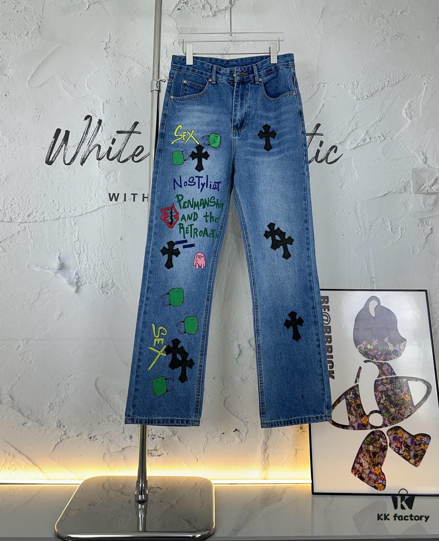 6931a3e4ccd8ab3d7af98257 Chrome Hearts Graffiti Appliqué Monster Print Denim Jeans with Large Silver Buckle (Top Version)