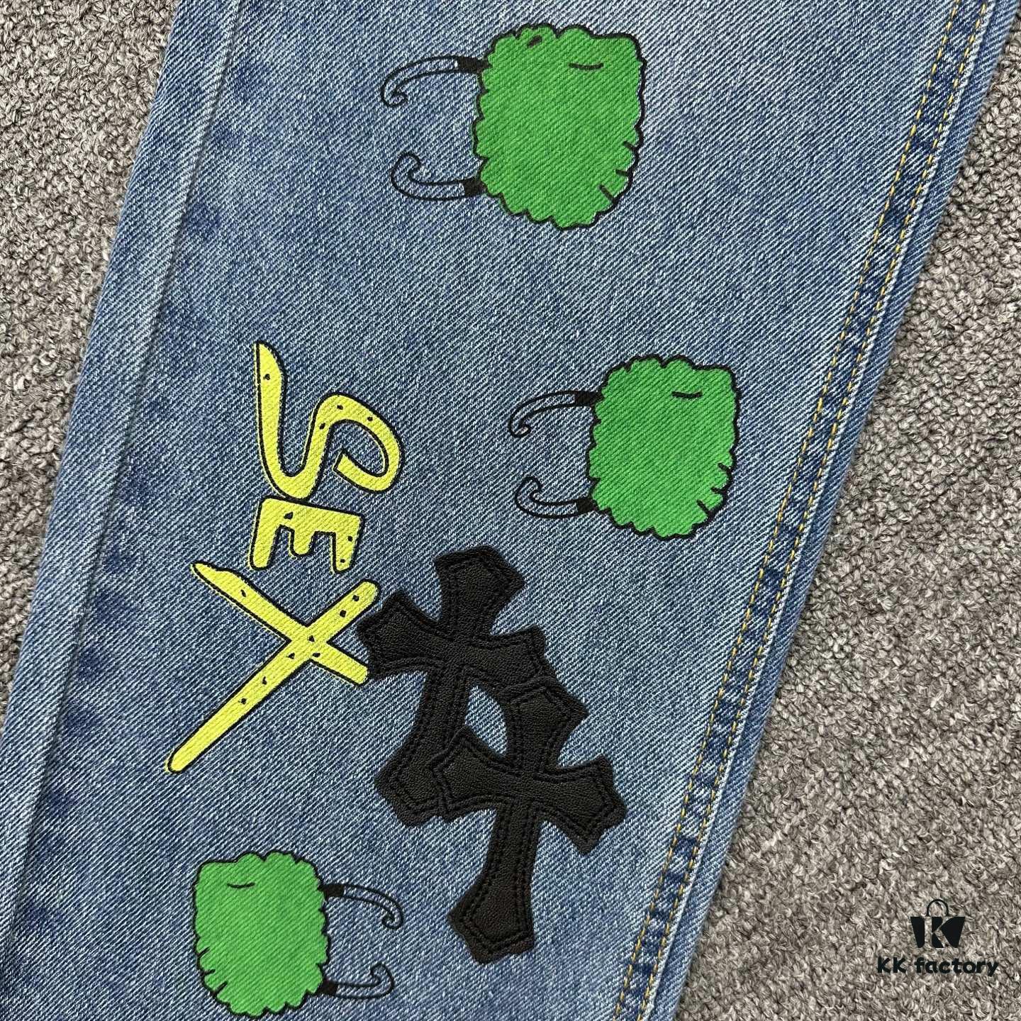 6931a3e4ccd8ab3d7af9825e Chrome Hearts Graffiti Appliqué Monster Print Denim Jeans with Large Silver Buckle (Top Version)
