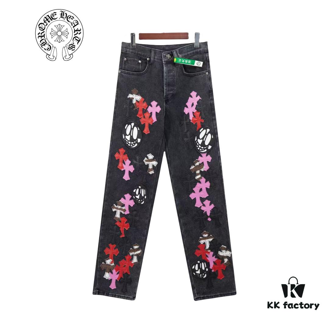 6931a3e6ccd8ab3d7af98284 Chrome Hearts & Cult King Patchwork Leather Skull Face Smiley Black Denim Jeans
