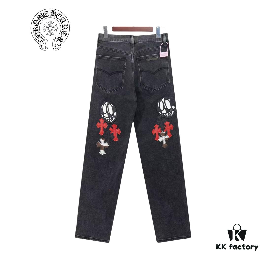 6931a3e7ccd8ab3d7af98285 Chrome Hearts & Cult King Patchwork Leather Skull Face Smiley Black Denim Jeans