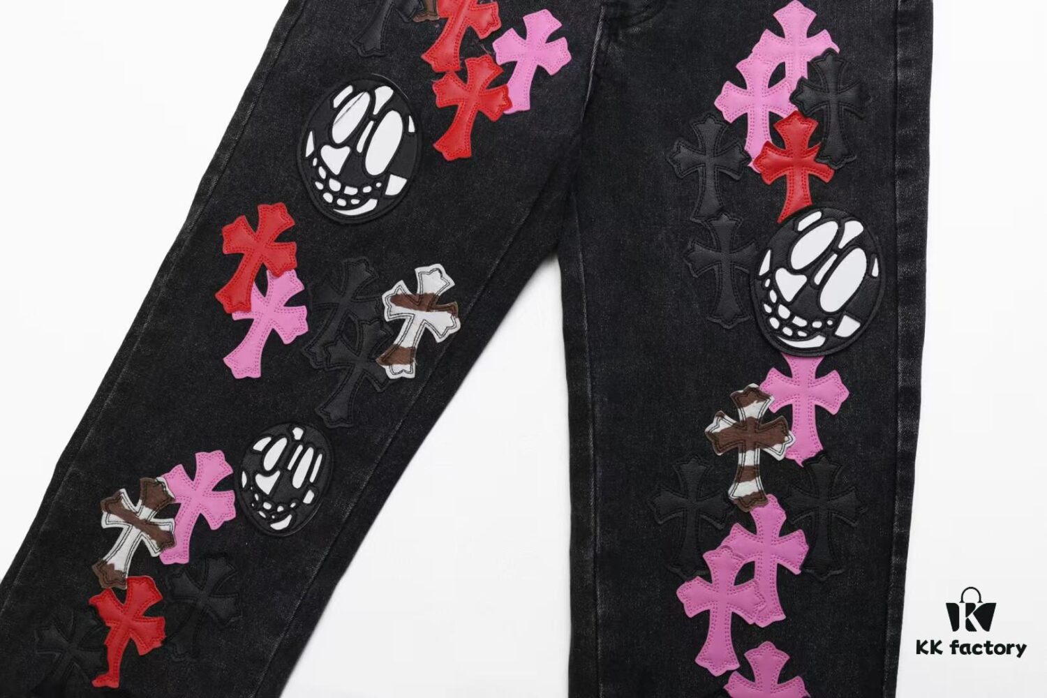 6931a3e7ccd8ab3d7af9828a Chrome Hearts & Cult King Patchwork Leather Skull Face Smiley Black Denim Jeans