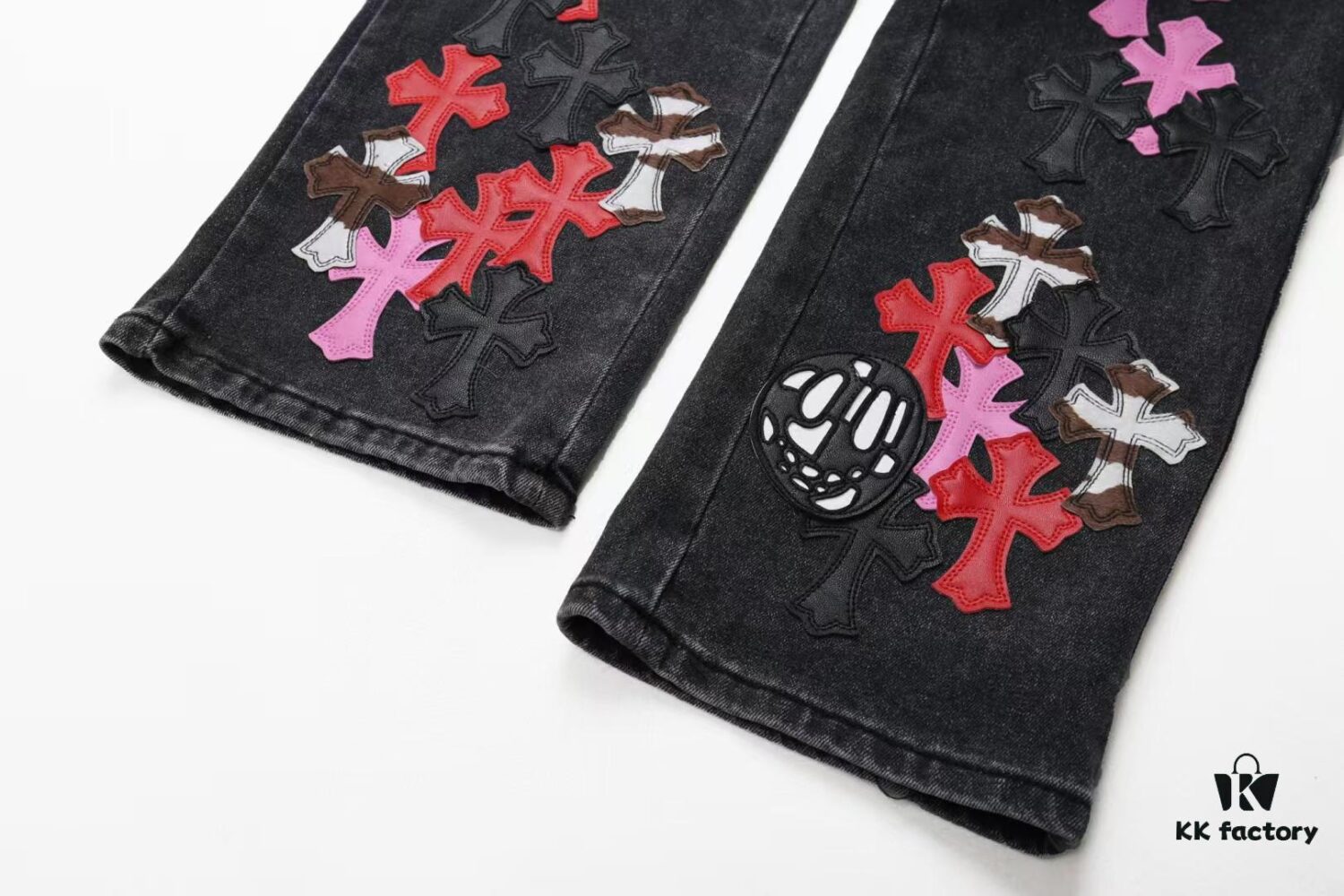 6931a3e7ccd8ab3d7af9828b Chrome Hearts & Cult King Patchwork Leather Skull Face Smiley Black Denim Jeans