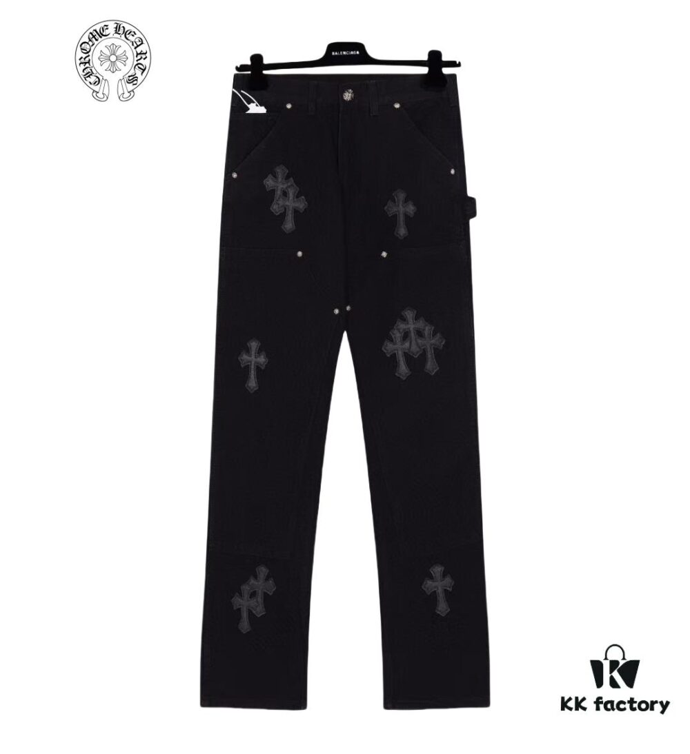 6931a3eaccd8ab3d7af982cc Chrome Hearts CH Cross Embellished Patchwork Leather Logging Jeans