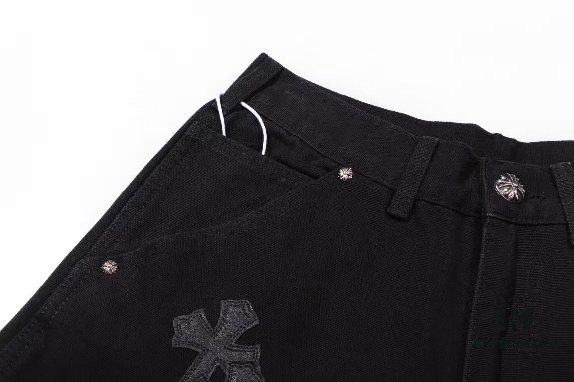 6931a3eaccd8ab3d7af982ce Chrome Hearts CH Cross Embellished Patchwork Leather Logging Jeans