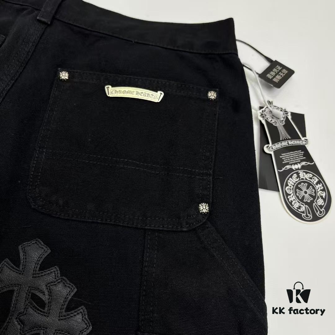 6931a3ebccd8ab3d7af982d0 Chrome Hearts CH Cross Embellished Patchwork Leather Logging Jeans