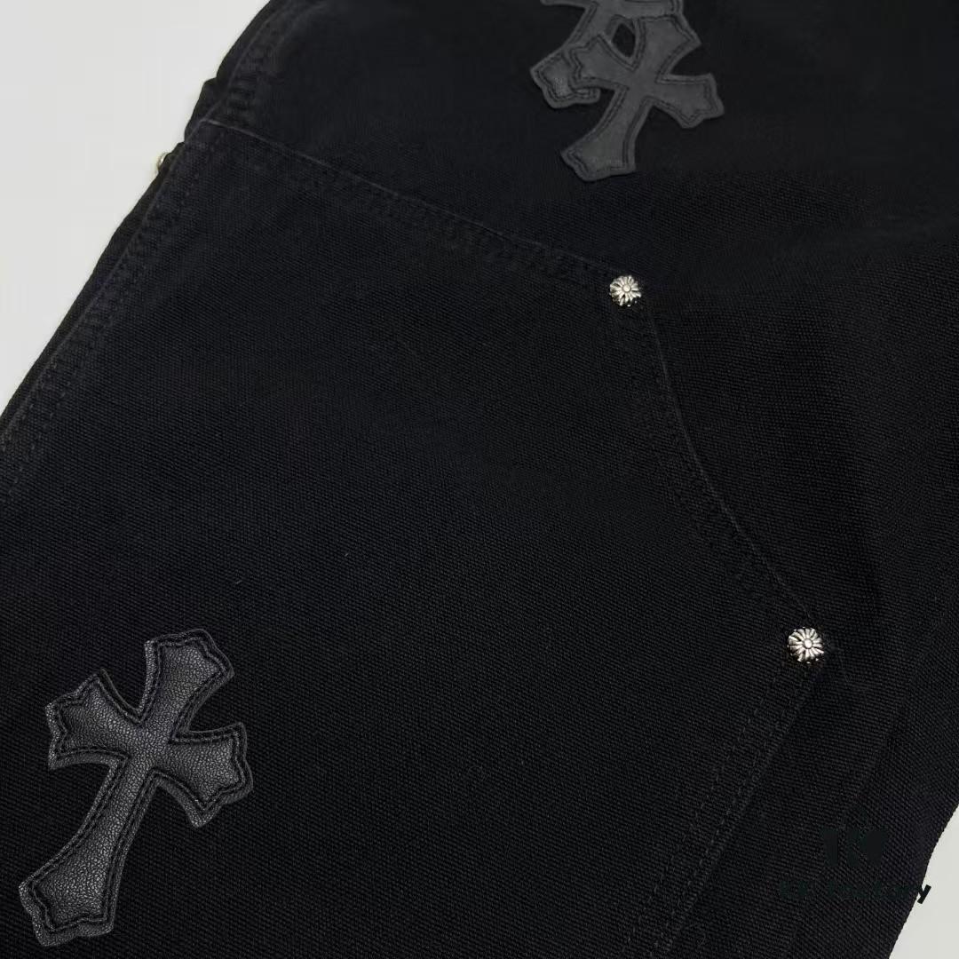 6931a3ebccd8ab3d7af982d2 Chrome Hearts CH Cross Embellished Patchwork Leather Logging Jeans