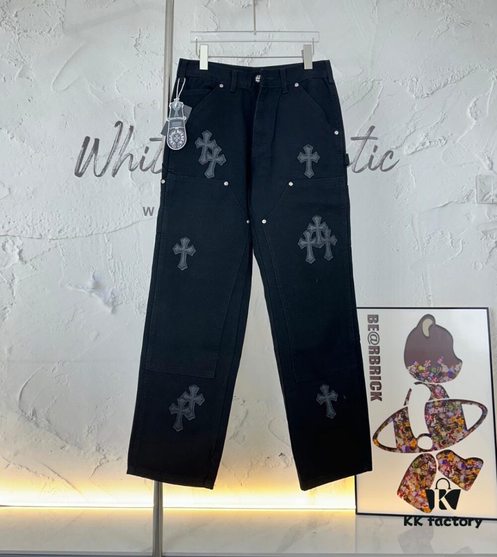 6931a3ebccd8ab3d7af982d5 Chrome Hearts CH Cross Embellished Patchwork Leather Logging Jeans