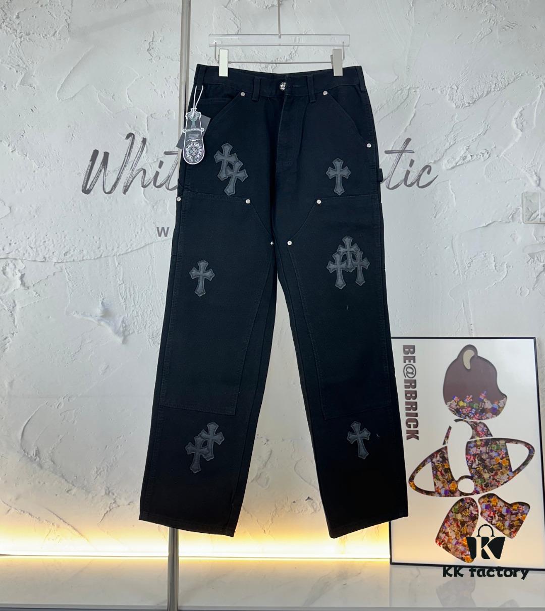6931a3ebccd8ab3d7af982d5 Chrome Hearts CH Cross Embellished Patchwork Leather Logging Jeans