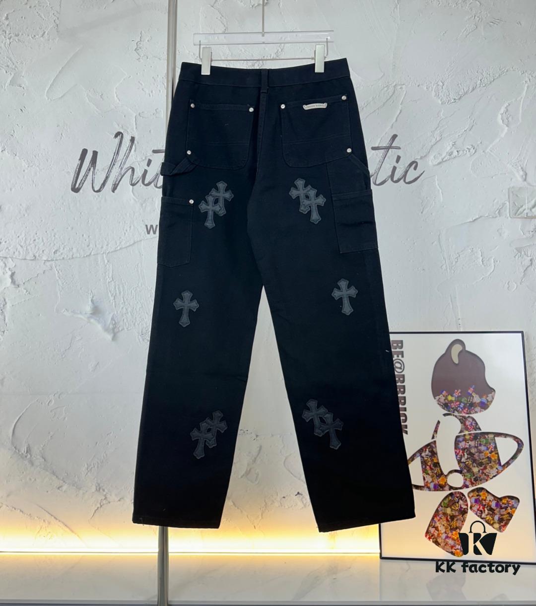 6931a3ebccd8ab3d7af982d6 Chrome Hearts CH Cross Embellished Patchwork Leather Logging Jeans
