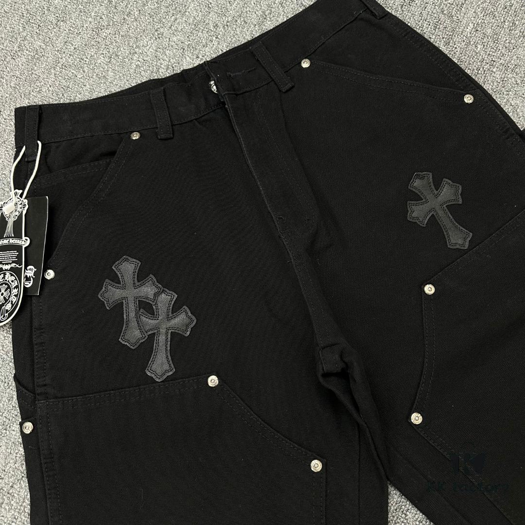 6931a3ebccd8ab3d7af982d7 Chrome Hearts CH Cross Embellished Patchwork Leather Logging Jeans