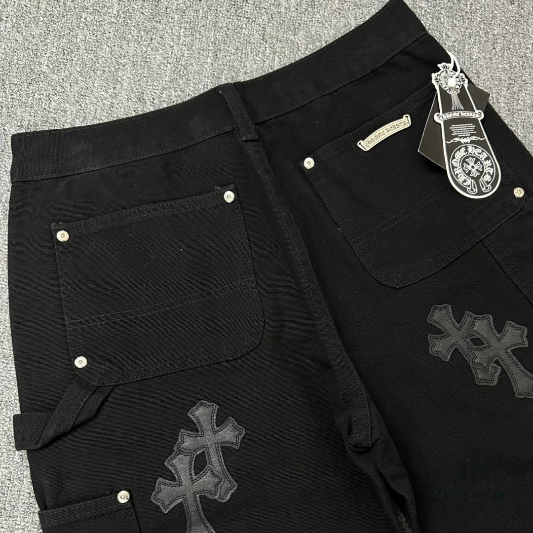 6931a3ebccd8ab3d7af982d9 Chrome Hearts CH Cross Embellished Patchwork Leather Logging Jeans