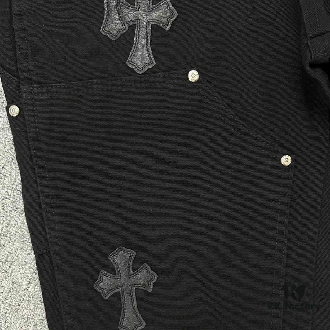 6931a3ebccd8ab3d7af982dc Chrome Hearts CH Cross Embellished Patchwork Leather Logging Jeans