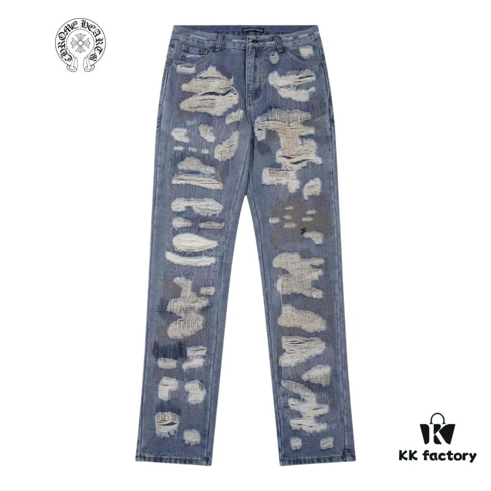 6931a3ebccd8ab3d7af982de Chrome Hearts & CH Blue Washed Heavily Distressed Patchwork Denim Jeans