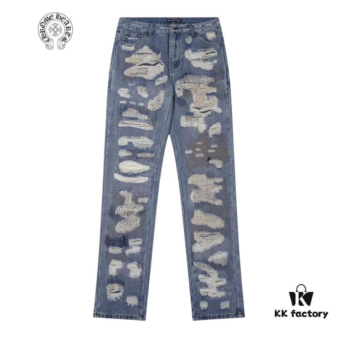 6931a3ebccd8ab3d7af982de Chrome Hearts & CH Blue Washed Heavily Distressed Patchwork Denim Jeans