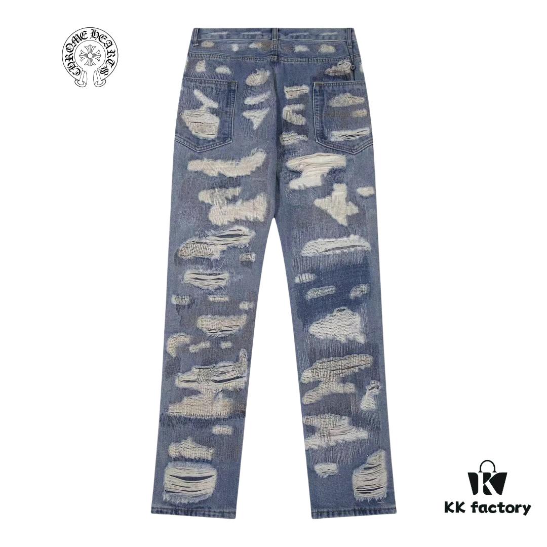 6931a3ebccd8ab3d7af982df Chrome Hearts & CH Blue Washed Heavily Distressed Patchwork Denim Jeans