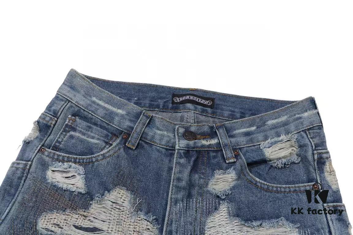 6931a3ecccd8ab3d7af982e1 Chrome Hearts & CH Blue Washed Heavily Distressed Patchwork Denim Jeans