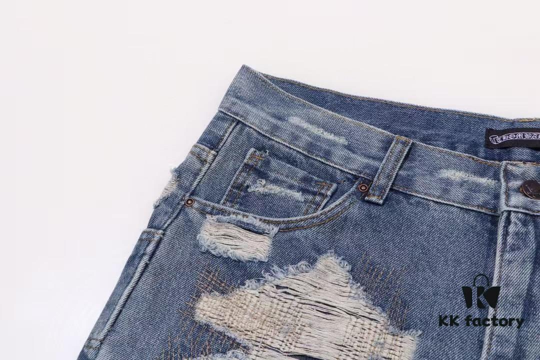 6931a3ecccd8ab3d7af982e2 Chrome Hearts & CH Blue Washed Heavily Distressed Patchwork Denim Jeans
