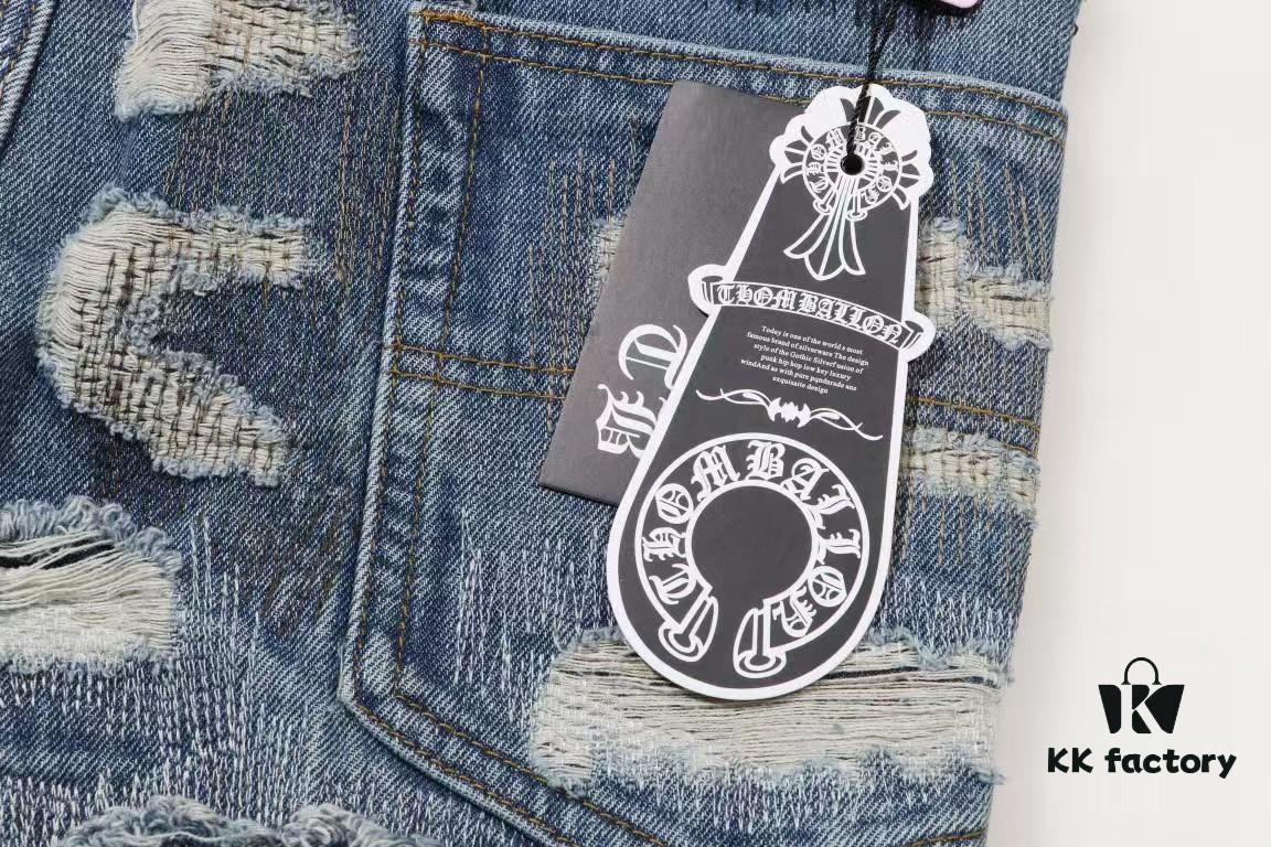 6931a3ecccd8ab3d7af982e3 Chrome Hearts & CH Blue Washed Heavily Distressed Patchwork Denim Jeans