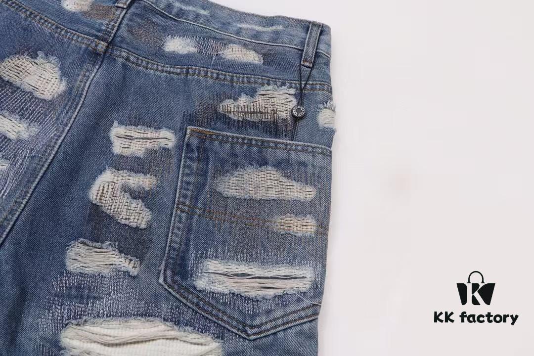 6931a3ecccd8ab3d7af982e4 Chrome Hearts & CH Blue Washed Heavily Distressed Patchwork Denim Jeans