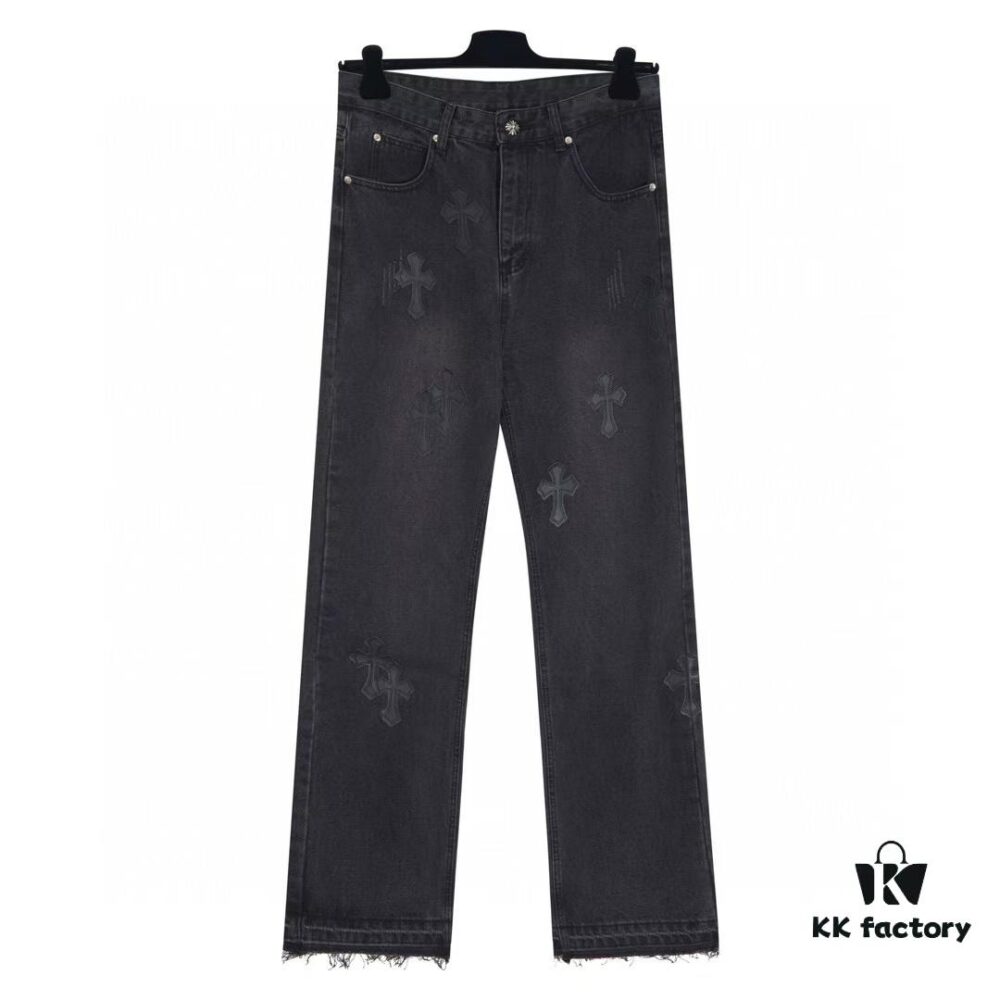 6931a3edccd8ab3d7af98300 Chrome Heart Cross-stitched Denim Jeans with Laser-cut Calfskin Cross, Distressed Silver Hardware, Straight Fit, Premium Washed Craftsmanship