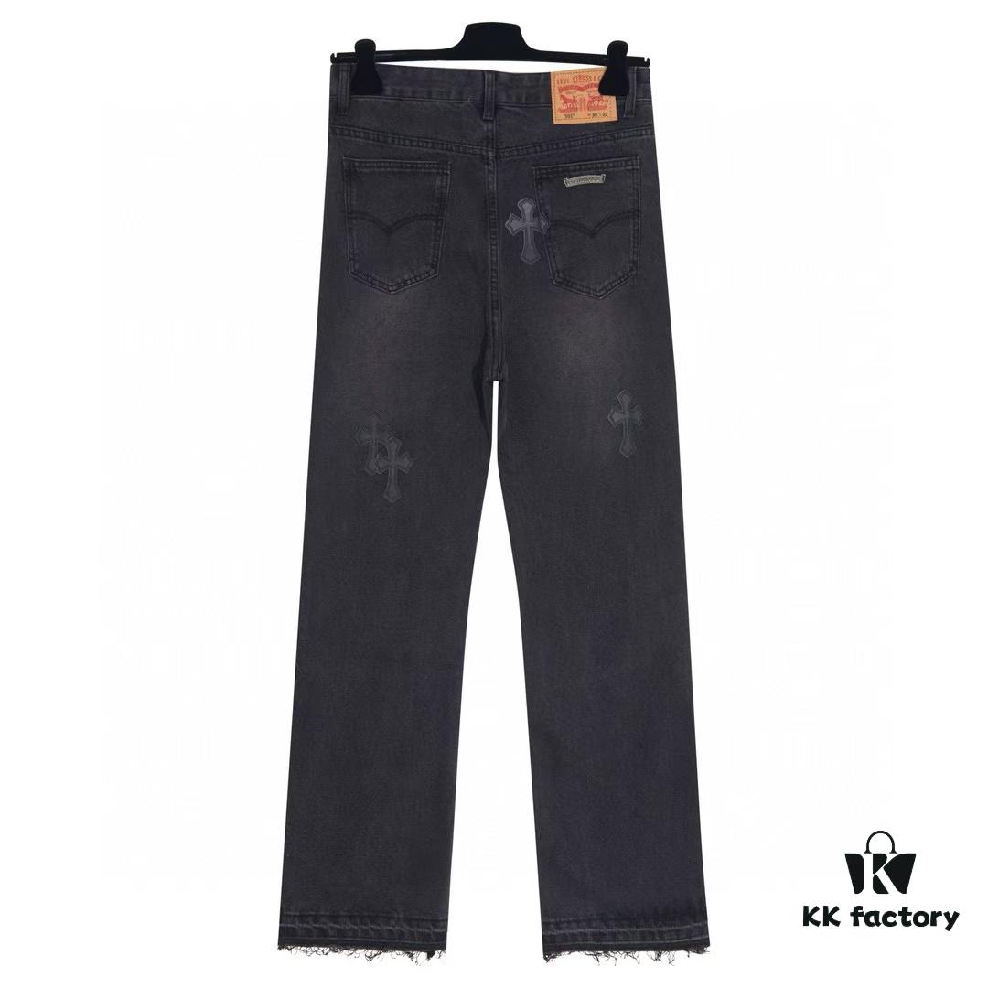 6931a3edccd8ab3d7af98301 Chrome Heart Cross-stitched Denim Jeans with Laser-cut Calfskin Cross, Distressed Silver Hardware, Straight Fit, Premium Washed Craftsmanship