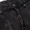 6931a3edccd8ab3d7af98303 Chrome Heart Cross-stitched Denim Jeans with Laser-cut Calfskin Cross, Distressed Silver Hardware, Straight Fit, Premium Washed Craftsmanship