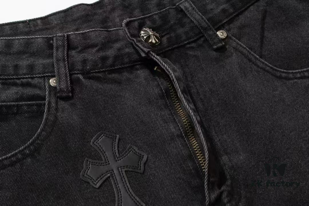 6931a3edccd8ab3d7af98303 Chrome Heart Cross-stitched Denim Jeans with Laser-cut Calfskin Cross, Distressed Silver Hardware, Straight Fit, Premium Washed Craftsmanship