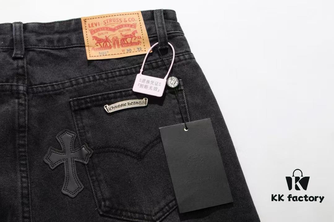 6931a3edccd8ab3d7af98306 Chrome Heart Cross-stitched Denim Jeans with Laser-cut Calfskin Cross, Distressed Silver Hardware, Straight Fit, Premium Washed Craftsmanship