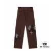 Chroe Hets CH Cross Brown Patchwork Leather White Leopard Print Applique Denim Pants KL013