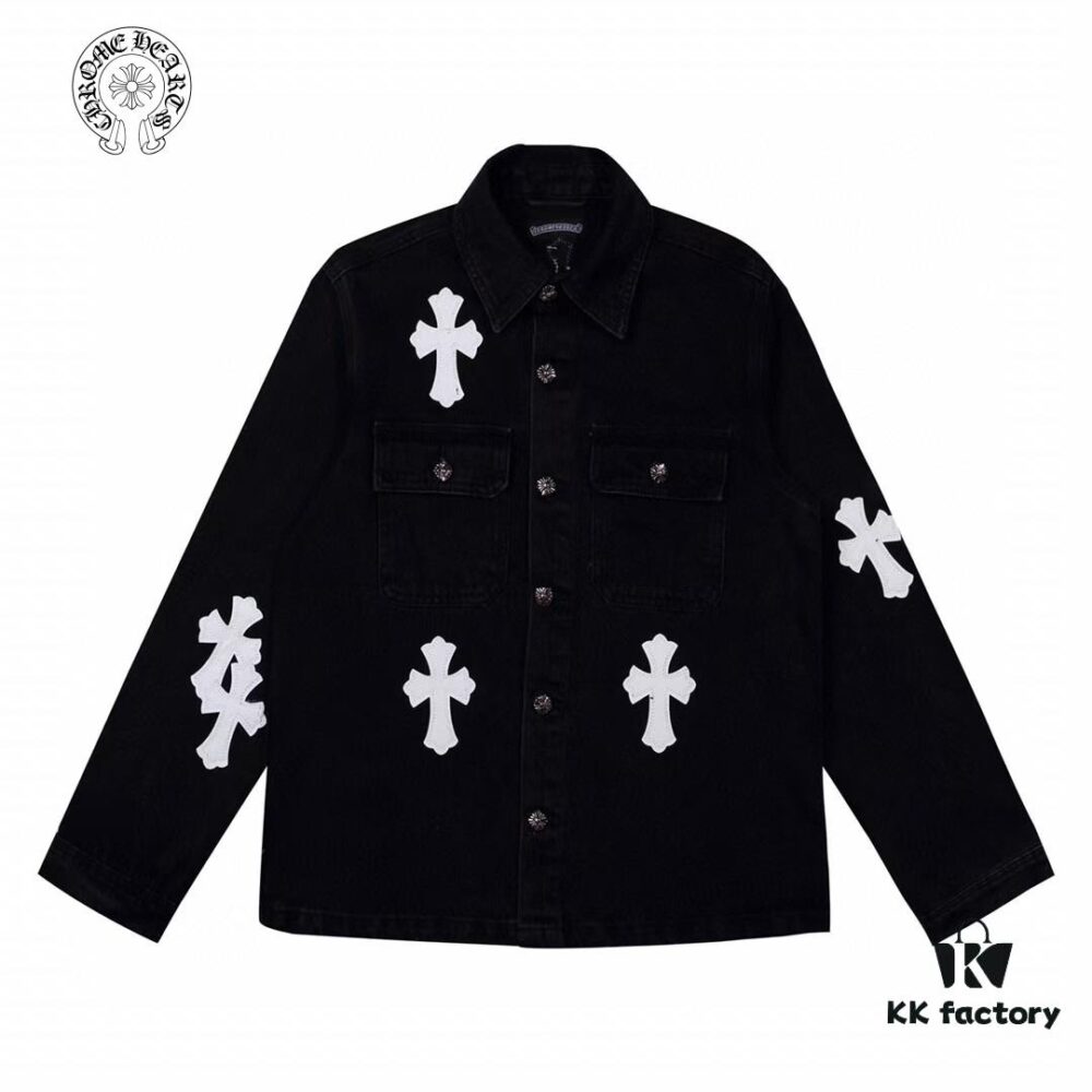 6931a3f0ccd8ab3d7af98331 Chrome Hearts White Leather Cross Patch Black Denim Shirt Jacket KL022
