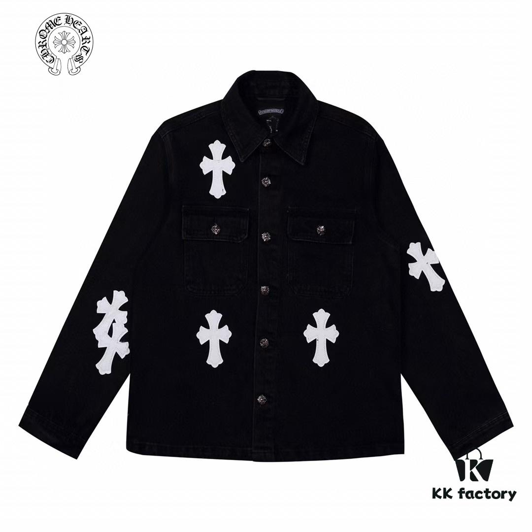 6931a3f0ccd8ab3d7af98331 Chrome Hearts White Leather Cross Patch Black Denim Shirt Jacket KL022