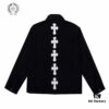 6931a3f0ccd8ab3d7af98332 Chrome Hearts White Leather Cross Patch Black Denim Shirt Jacket KL022