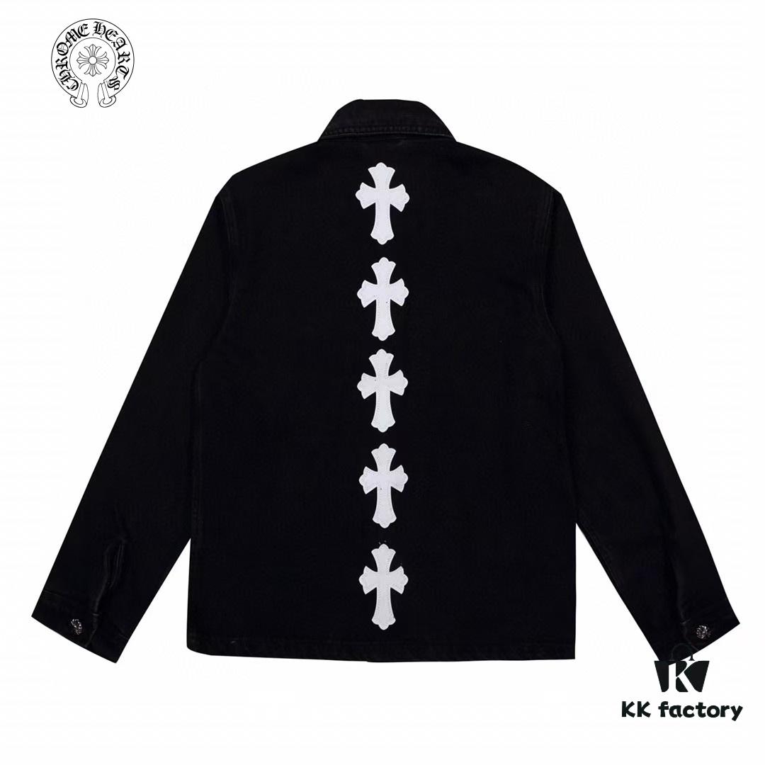 6931a3f0ccd8ab3d7af98332 Chrome Hearts White Leather Cross Patch Black Denim Shirt Jacket KL022