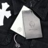 6931a3f0ccd8ab3d7af98333 Chrome Hearts White Leather Cross Patch Black Denim Shirt Jacket KL022