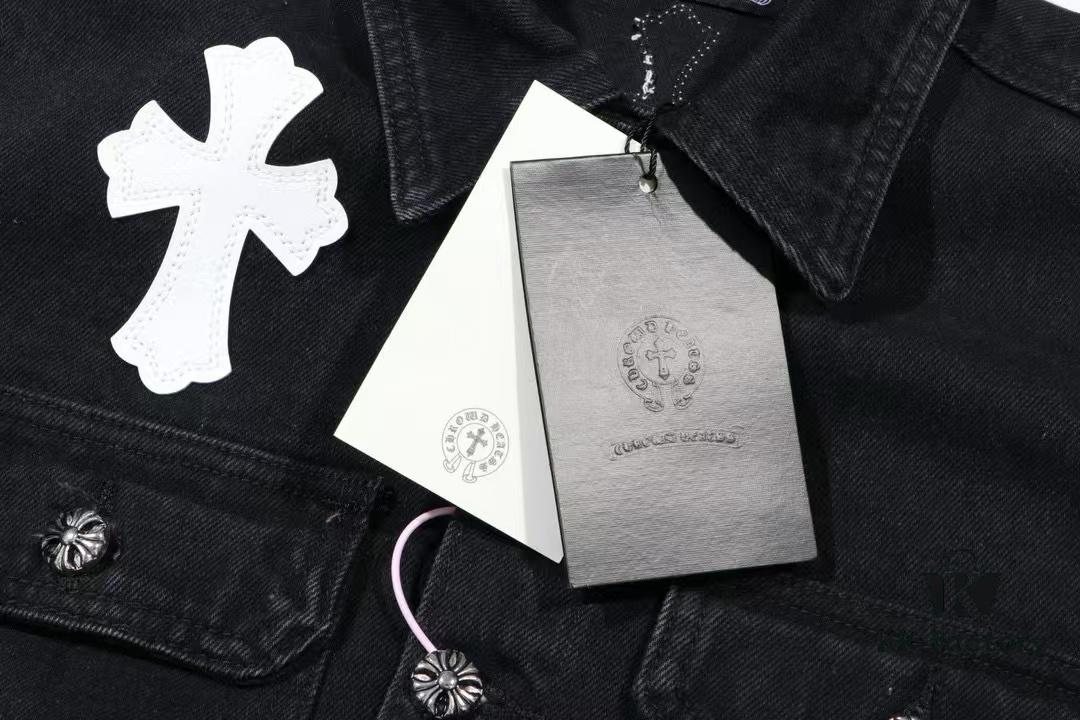 6931a3f0ccd8ab3d7af98333 Chrome Hearts White Leather Cross Patch Black Denim Shirt Jacket KL022