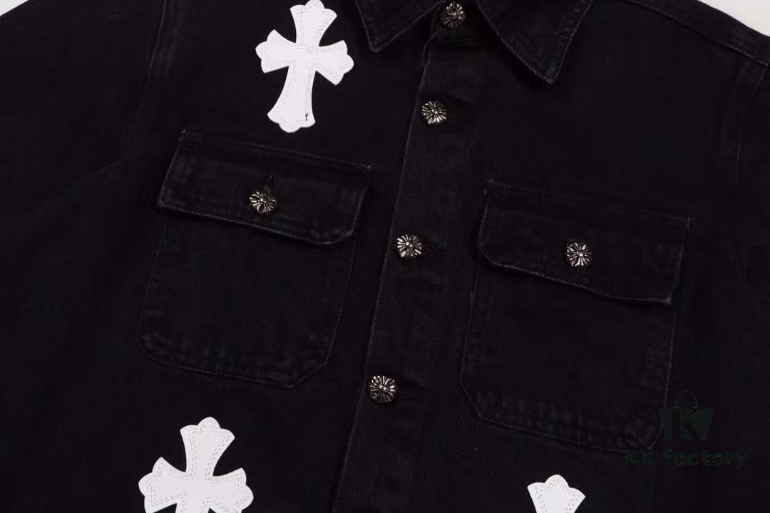 6931a3f0ccd8ab3d7af98334 Chrome Hearts White Leather Cross Patch Black Denim Shirt Jacket KL022