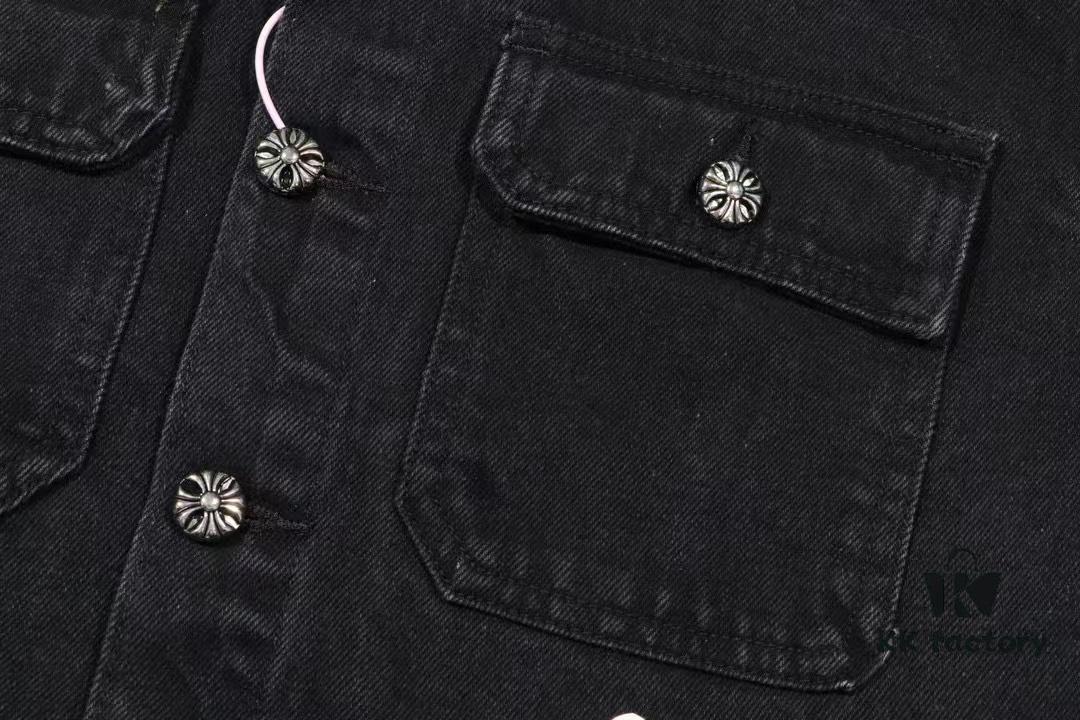 6931a3f0ccd8ab3d7af98335 Chrome Hearts White Leather Cross Patch Black Denim Shirt Jacket KL022