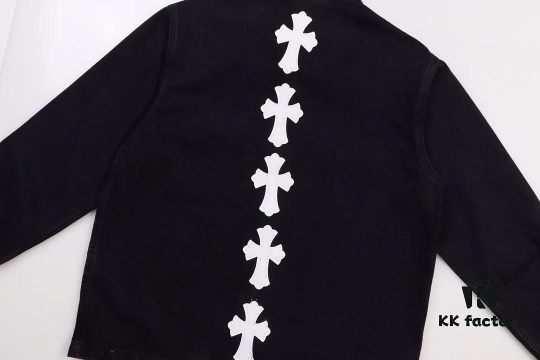6931a3f0ccd8ab3d7af98337 Chrome Hearts White Leather Cross Patch Black Denim Shirt Jacket KL022